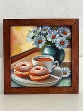 original oil painting Still Life25x25cm Coffee donuts daisies Wall Art Gift