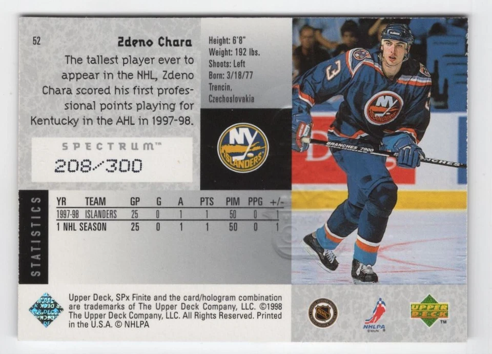 1998-99 SPx Finite Spectrum Zdeno Chara 208/300 New York Islanders #52 - Image 2 of 2