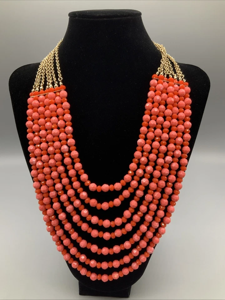 23” Premier Designs 7 Strand Necklace Pink Coral Tone Faceted Beaded Gold Tone - Image 2 of 4