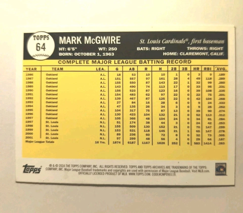 Archivos Topps 2024 - 1961 Topps Mark McGwire #64 Foilboard de archivos Foto 2 de 2