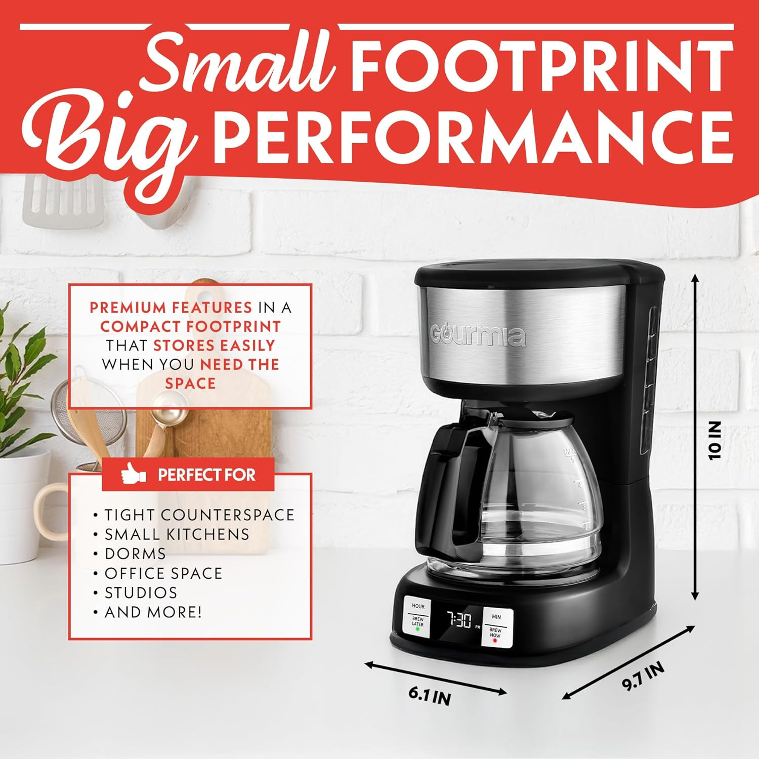 Gourmia Drip Coffee Maker &ndash; 5 Cup, One-Touch Brew, Pause & Serve, Adjustable 4 H