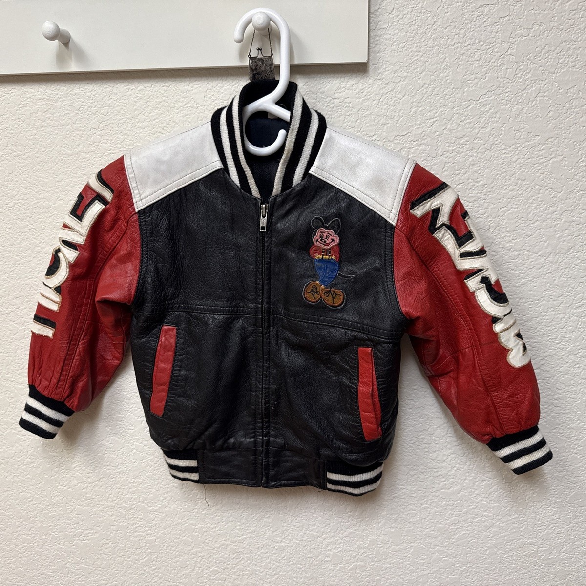 Vintage Disney Mickey Mouse Kids Leather Varsity Jacket Size 4 80s