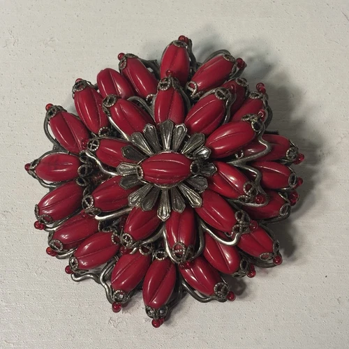 Vintage Miriam Haskell Large Red Carved Beads Silver Tone Round Rare Brooch