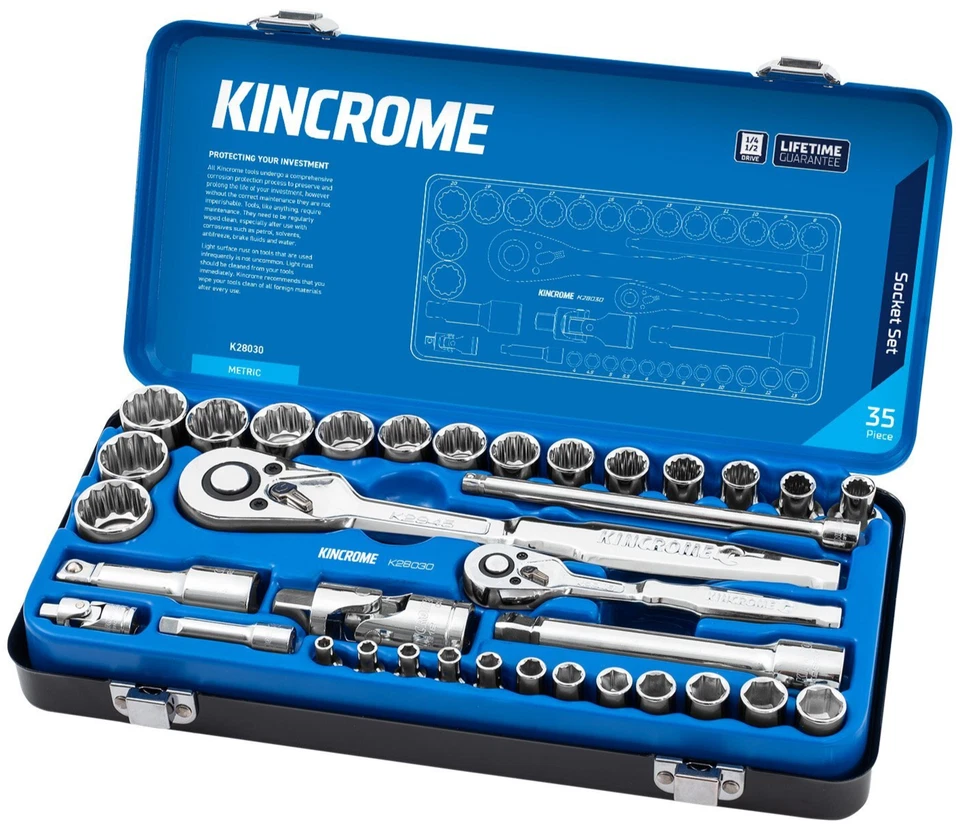 KINCROME 35 PC 1/4 & 1/2" Drv METRIC Socket Set & Accessories Tool Case K28030