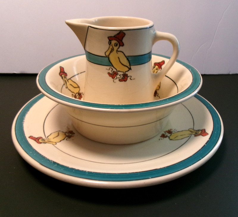 Antique Roseville Pottery set of 3 Puddle Duck pattern child's ware