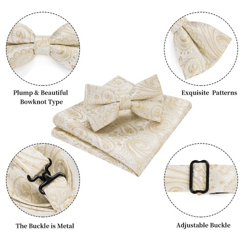 Bow Ties for Men Champagne Formal Paisley Pre-tied Bow Tie with Pocket Square... - Picture 5 of 5