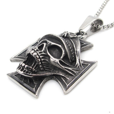 MENDEL Stainless Steel Skull Cross Pendant Necklace | Gothic Biker Jewelry For Men | 25 Inch Chain