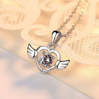 Angel Wing Love Heart Silver White Gold Pave Cubic Zirconia