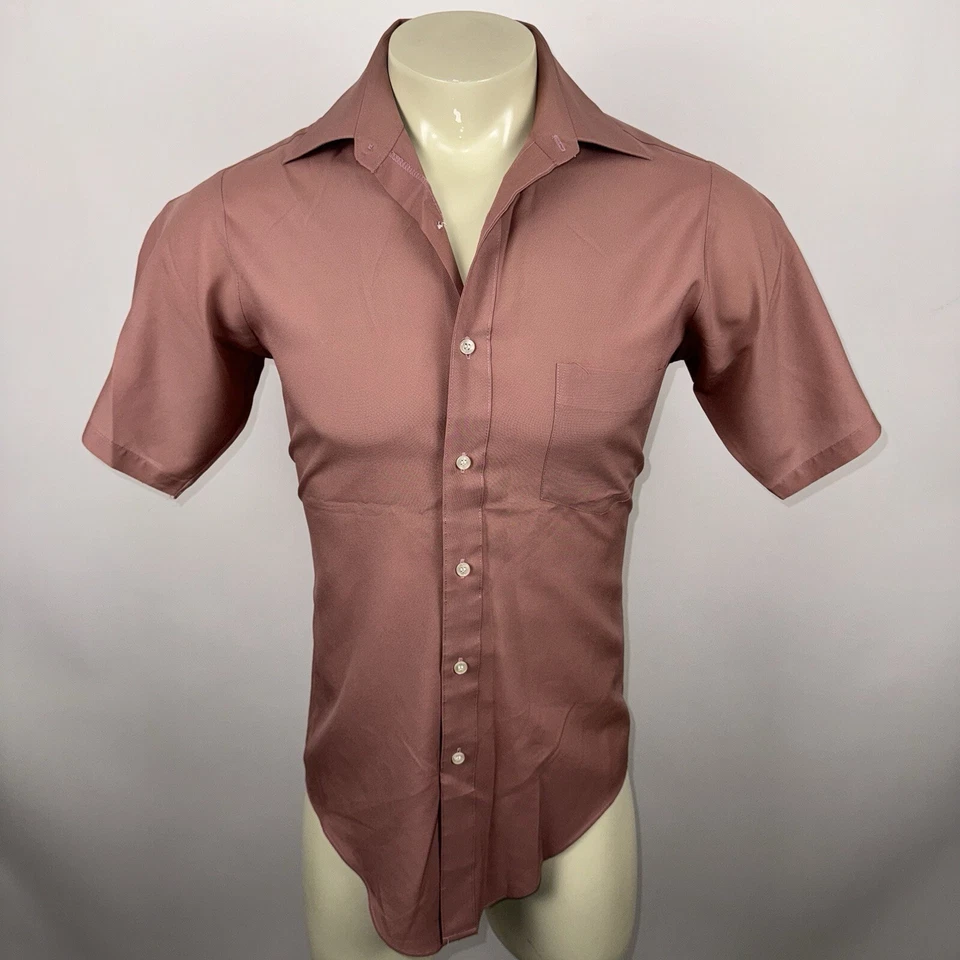 Vintage 70s Van Heusen Shirt Disco Polyester Super Silk Mauve MCM Medium Mens 15 - Image 2 of 4