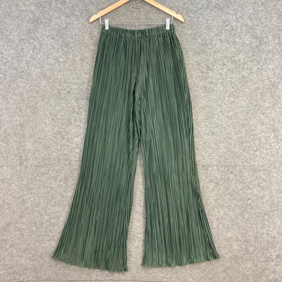 Showpo Pants Womens 10 Green Pleated Elastic Waist Flare Stretch Pull On 14724
