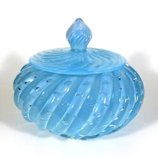 MURANO ITALIAN ART GLASS BULLICANTE BUBBLES JAR OPALESCENT BLUE SPIRAL RIBBED