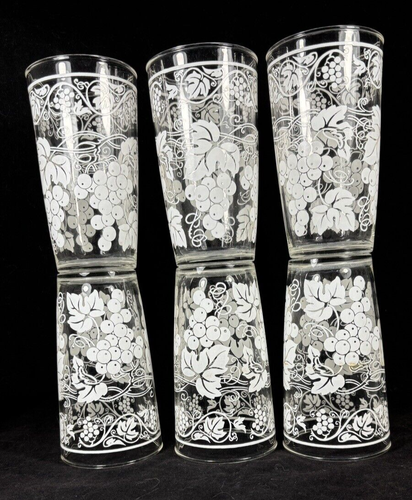 6 Hazel Atlas Tumblers Glasses White Grape Vine with Drink Caddy MCM 5.5" Tall - Picture 3 of 8