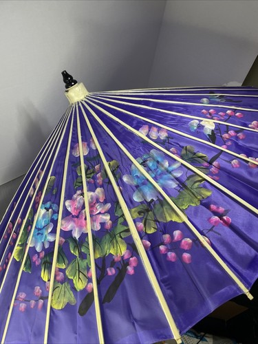 Japanese Asian Chinese Parasol Fabric Cloth Bamboo Umbrella Purple 27” - Picture 4 of 6
