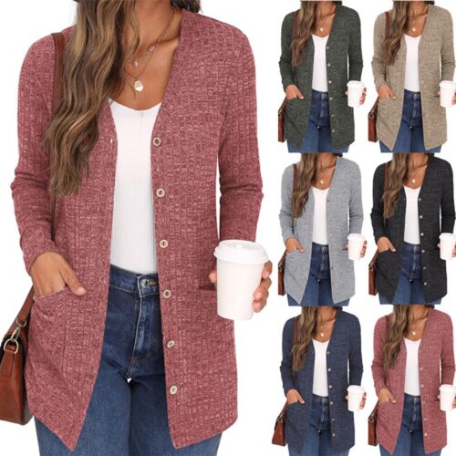Women Fall Winter Cardigan Coat Solid Loose Long Sleeve Button Down with Pockets