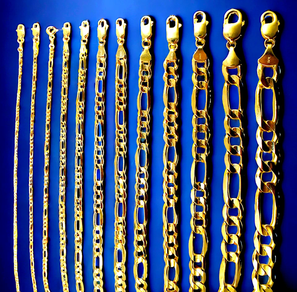 Brazalete de cadena de collar Figaro sólido de oro amarillo de 14K oro real 1,5 mm-12 mm 7"-30"