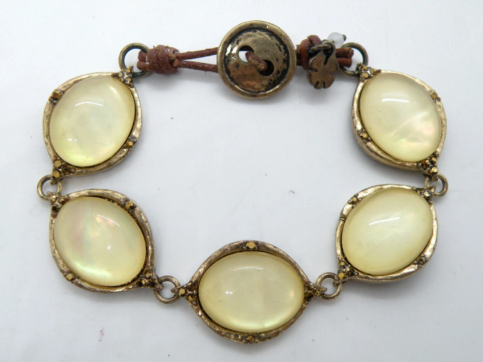 Lucky Brand Signed Yellow Moonglow Stone Lucite Gold Tone Women Jewelry Bracelet - Image 2 of 4