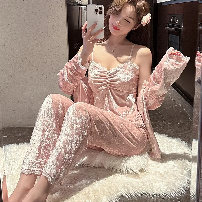 Pink Velour Lace Pajamas Set Autumn 3PCS Pijamas Suit Women Velvet