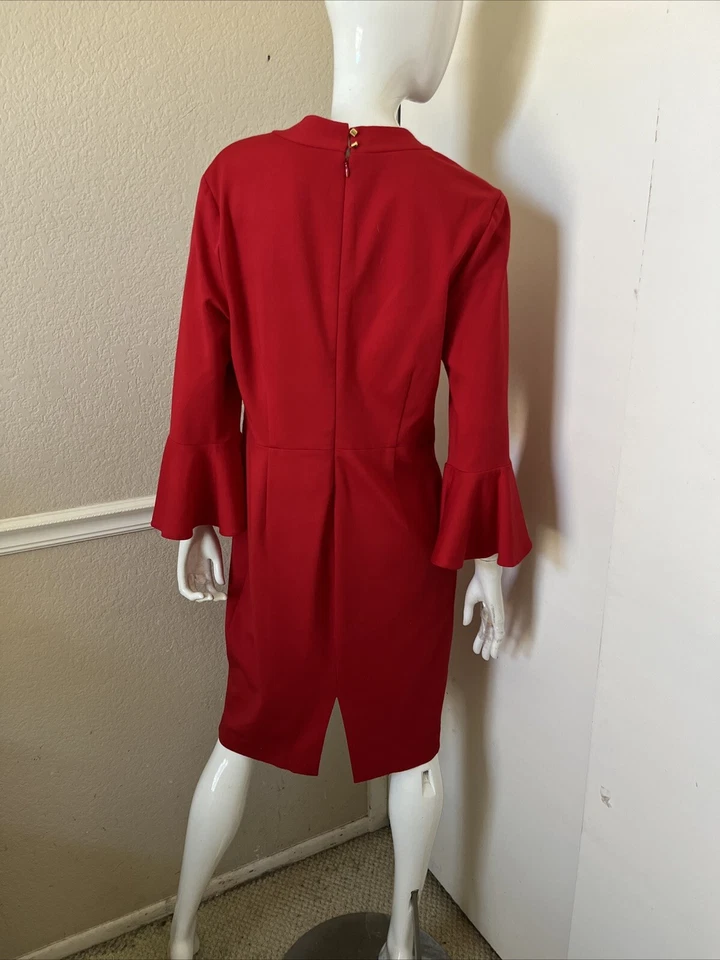 Vestido Vaina TRINA TURK Rojo Brillante BEGONIA Tejido Rayón Cuello en V Manga Campana Talla 12 Foto 4 de 4