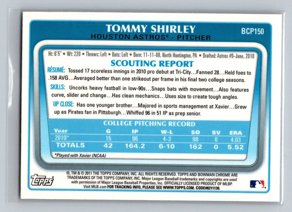 2011 Bowman Chrome Prospects Tommy Shirley Houston Astros Card #BCP150 - Image 2 of 2