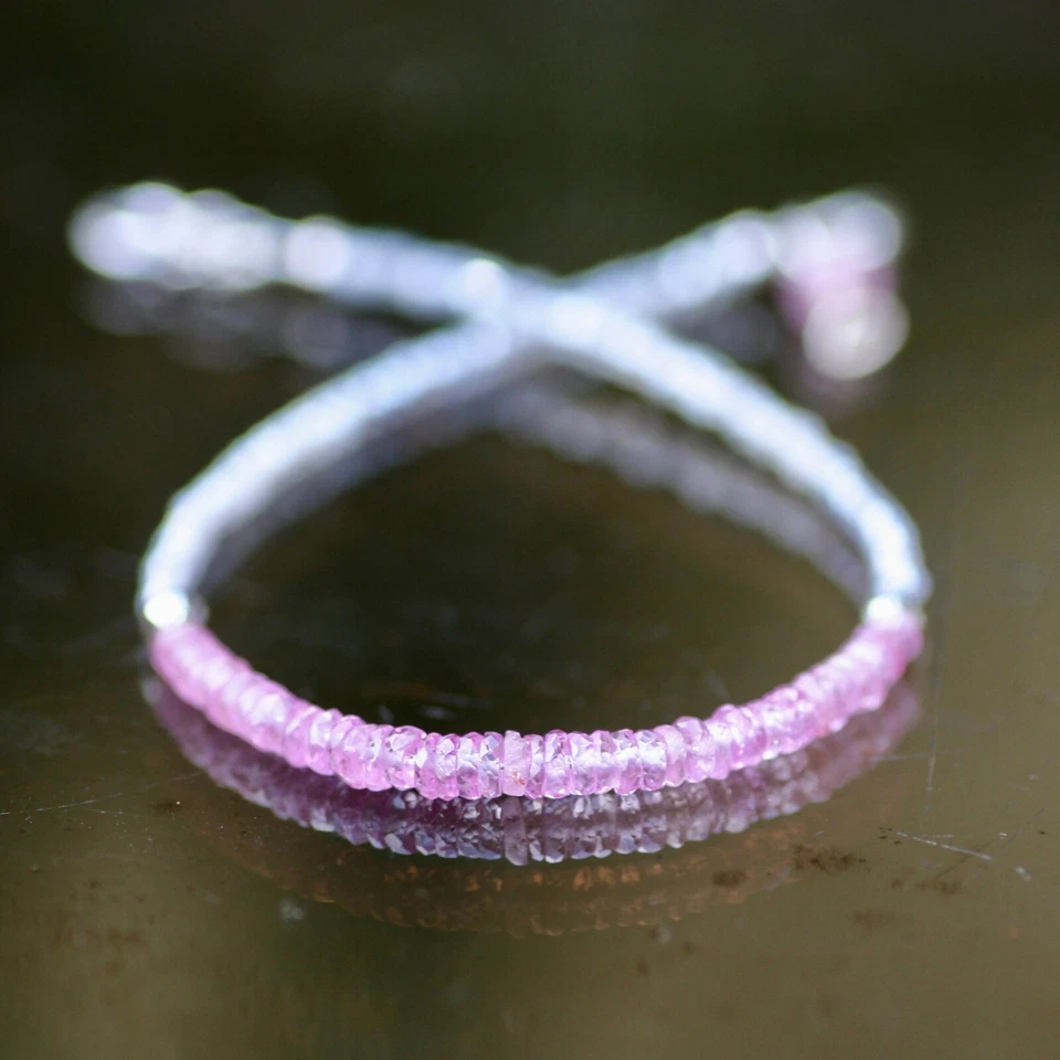 Pulsera artesanal de zafiro rosa natural sólido de oro blanco de 14K, 6,9" - 7,5" Foto 2 de 4