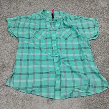 Pure Energy Women's Shirt V Neck Button Up Pockets Plaid Green Size 2