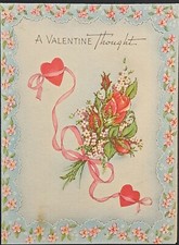 Valentine Card Vintage - Red Hearts Pink Ribbon Rose Bouquet Blue Floral Border