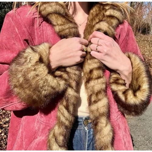 Vintage Penny Lane Style Raspberry Red Suede Leather Braided Faux Fur Hood Coat - Picture 3 of 12
