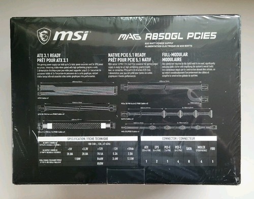 Neuf et scellé ! Alimentation MSI MAG A850GL PCIE5 850W - Neuf dans sa boîte, LIVRAISON GRATUITE ! - Photo 3/5