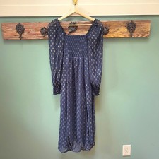 o.p.t Navy Blue Gold Metallic Dot Smocked Midi Dress Square Neck Puff Sleeve M