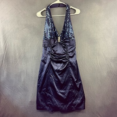 New Size 13/14 Roberta Sequin Halter Dress Satin Formal Prom Rhinestone Mini