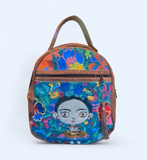 Small Women s Backpack Frida Kahlo Floral Embroidered Zip Top Handle Brown