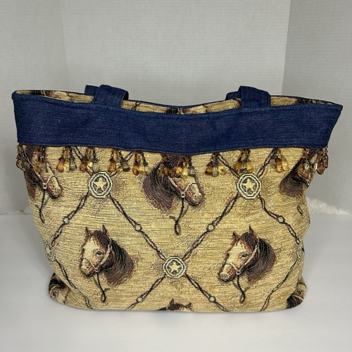 Western Cowboy Cowgirl Pferd Gobelin Baumeln Perlen Handtasche blau braun Buchtasche