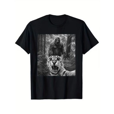 Funny Sasquatch & Scared Cat Selfie T-Shirt - Soft Cotton, Casual Fit, Round Nec