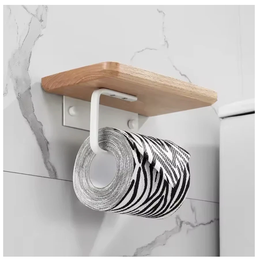 Soporte de papel higiénico de madera para montaje en pared con estante 2 colores Foto 4 de 4