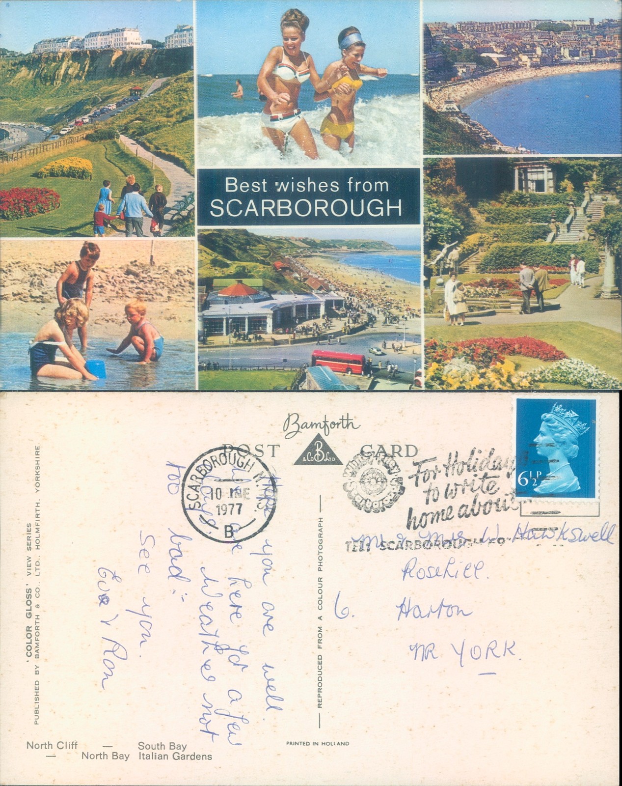 Scarborough beach scenes Bamforth Co Ltd 1977 postmark Cities Towns Tourism
