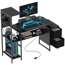 56" Computer Desk with LED Lights, PC Desk with Monitor Stand, Black