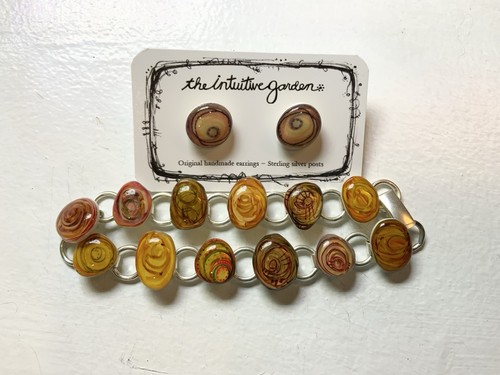 Set Gioielli Artigianali in Resina, Bracciale/Orecchini, Acciaio Inox/Argento Sterling - Foto 1 di 6