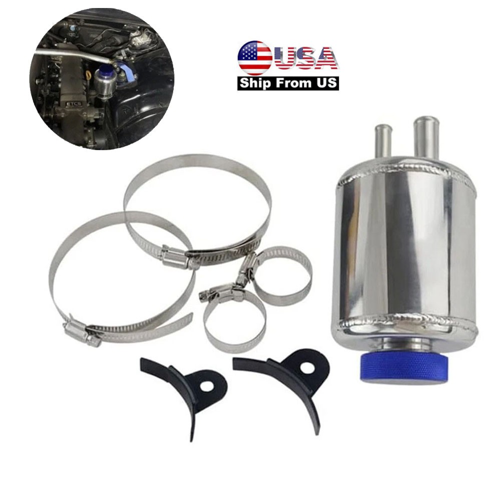 Aluminum Universal Racing Power Steering Fluid Reservoir Tank w/ Hardware Clamps