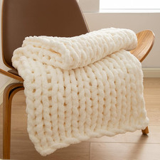 Chunky Knit Throw Blanket 40x40 Handmade Chenille Yarn Soft Fluffy Cream White