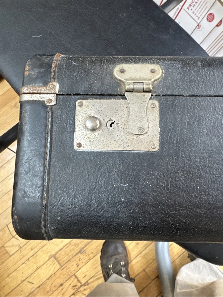 "Antigua maleta de vendedor de cuero negro, principios de 1900, equipaje 21x13,5x6,5""" Foto 4 de 4