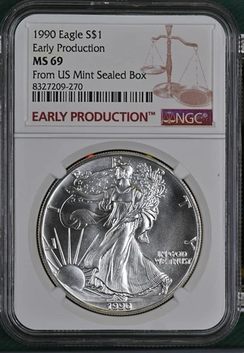 1990 NGC MS69 EARLY PRODUCTION SILVER EAGLE STRUCK IN 1989 US MINT SEALED BOX