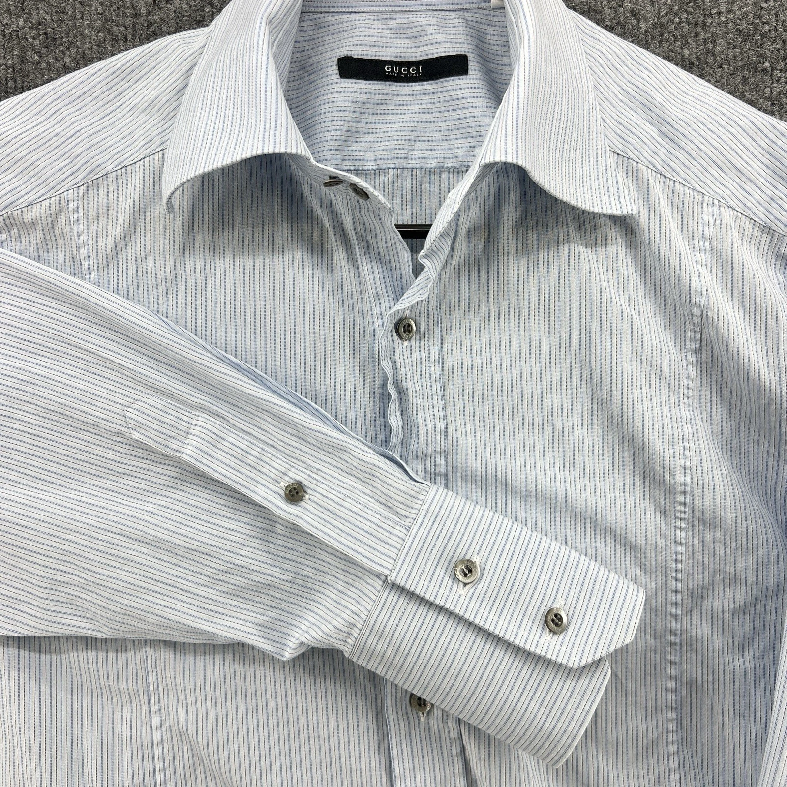 Gucci Homme 15 3/4   40 Français Manchette Boutonnée Robe Chemise Bleu Rayé Italie Dress