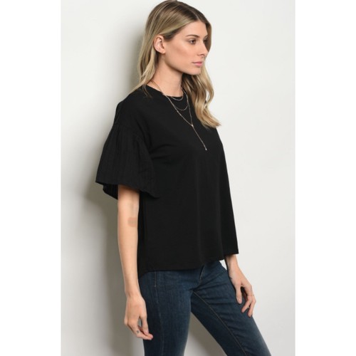Black Eyelet Ruffle Short Sleeve Tee, Cotton blend, Medium - Picture 4 of 9