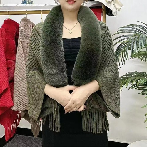 Womens Faux Fur Warm Winter Knitted Poncho Cardigan Cloak Shawl Cape Coat Jacket - Afbeelding 8 van 22