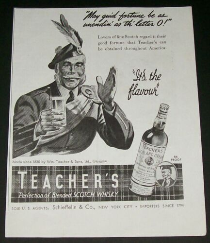 Anuncio impreso arte efímero original 1942 Teacher's Highland crema whisky escocés