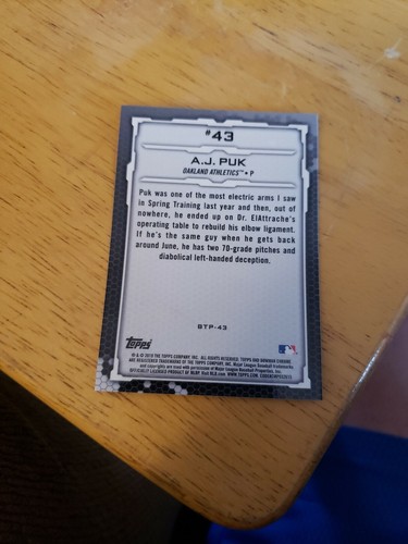 A.J. Puk Oakland A's 2019 Bowman Chrome T100 Brewers BTP-43 - Picture 2 of 2