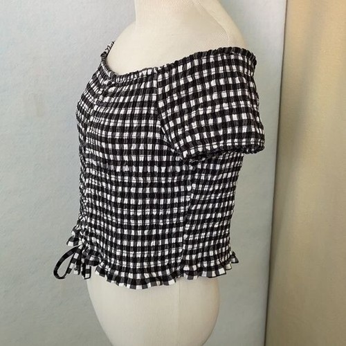 Justify Checked Off the Shoulder Ruched Elastic Crop Top, Size XL - Picture 8 of 9