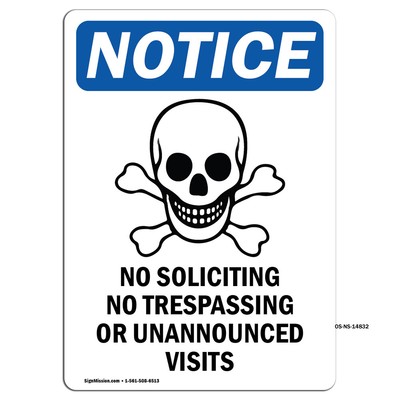 No Soliciting No Trespassing With Symbol OSHA Notice Sign Metal Plastic Decal