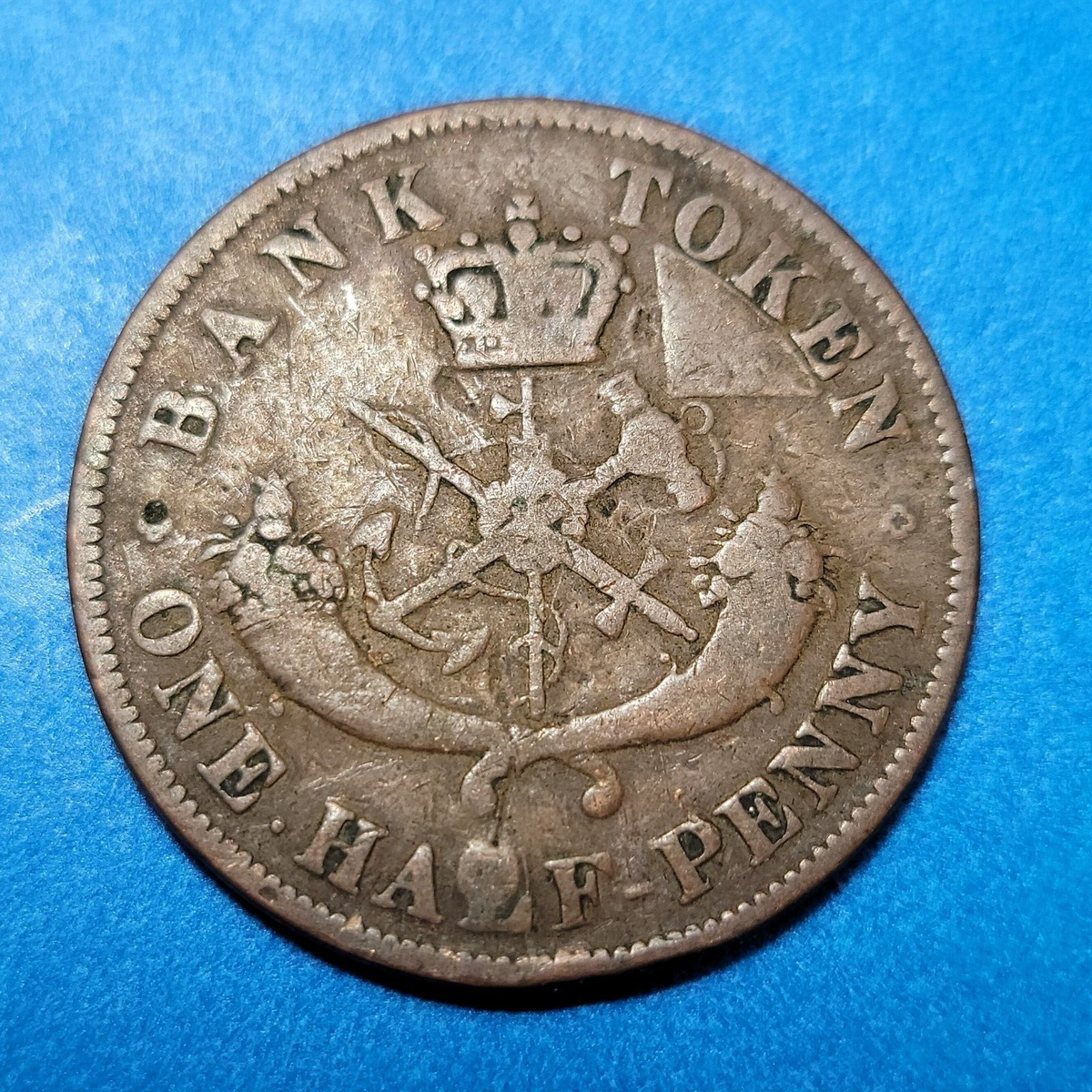 1854 UPPER CANADA DRAGON SLAYER PC-5C1 HALF PENNY COPPER BANK