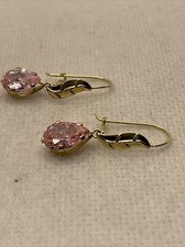 CUTE Solid 14K Yellow Gold LEAVES Pink CZ DROP Earrings 25.5mm x 6mm 1.5gr.